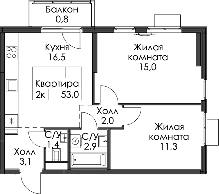 2-комнатная квартира 53 м², 5/15 эт., ЖК «Заречный парк»